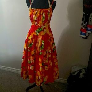 Summer cotton dress A line orange floral print